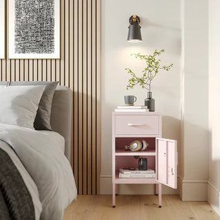 The light pink Bromley bedside table storage locker