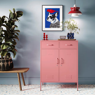the Kensington in flamingo pink, a 2 Door, 2 Drawer Metal Locker.