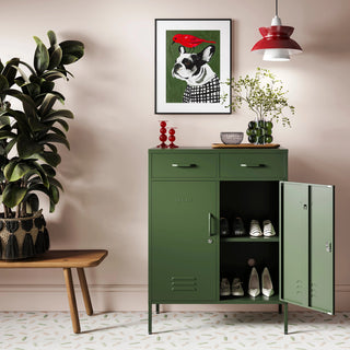 the Kensington in Forest Green, a 2 Door, 2 Drawer Metal Locker open to reveal 2 shelves with shoes