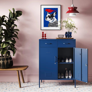 the Kensington in Navy, a 2 Door, 2 Drawer Metal Locker open to reveal 2 shelves with shoes.