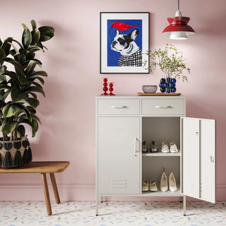 the Kensington in vanilla, a 2 Door, 2 Drawer Metal Locker open to reveal 2 shelves containing shoes.