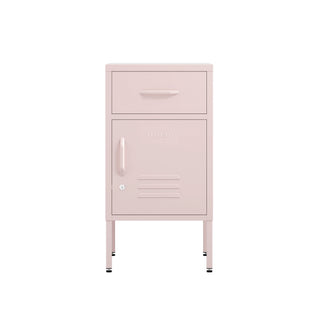 metal bedside table storage locker with one drawer and one cupboard in light pink