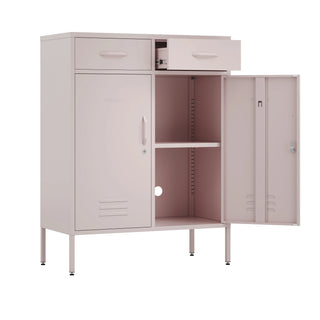 The Kensington 2 door, 2 drawer metal locker in link pink, with a white background. One door open to reveal a shelf