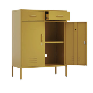 The Kensington 2 door, 2 drawer metal locker in mustard, with a white background. One door open to reveal a shelf