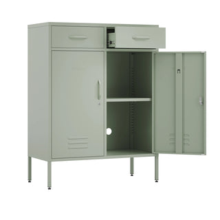 The Kensington 2 door, 2 drawer metal locker in sage green, with a white background. One door open to reveal a shelf