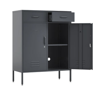 The Kensington 2 door, 2 drawer metal locker in slate grey, with a white background. One door open to reveal a shelf