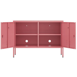 2 door TV stand with storage in Flamingo pink, with both doors open to reveal a middle shelf