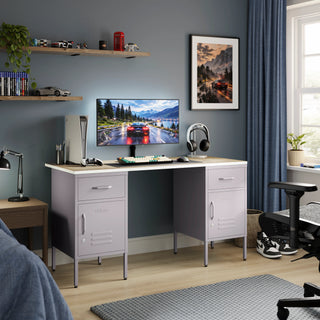 The Double Bromley Children/Teenage Desk with Lilac Lockers - Oak Desktop - Urban Lockers