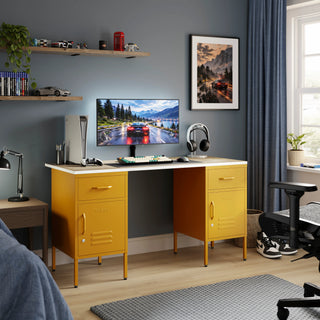 The Double Bromley Children/Teenage Desk with Mustard Lockers - Oak Desktop - Urban Lockers