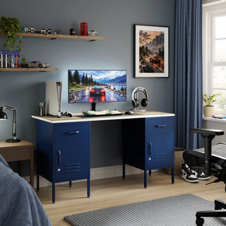 The Double Bromley Children/Teenage Desk with Navy Blue Lockers - Oak Desktop - Urban Lockers