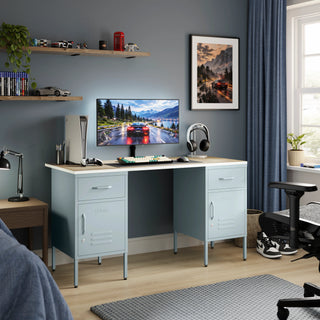The Double Bromley Children/Teenage Desk with Sky Blue Lockers - Oak Desktop - Urban Lockers