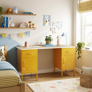 The Double Bromley Children/Teenage Desk with Mustard Lockers - Oak Desktop - Urban Lockers
