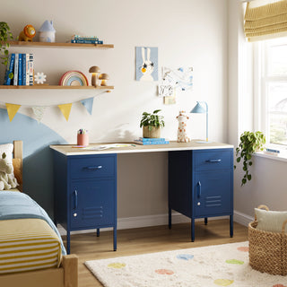 The Double Bromley Children/Teenage Desk with Navy Blue Lockers - Oak Desktop - Urban Lockers