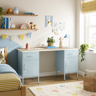 The Double Bromley Children/Teenage Desk with Sky Blue Lockers - Oak Desktop - Urban Lockers