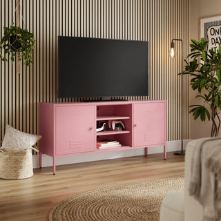The Henley metal TV stand and media unit in flamingo with two cupboards and open central shelving.