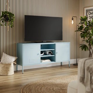 The Henley metal TV stand and media unit in sky blue with two cupboards and open central shelving.