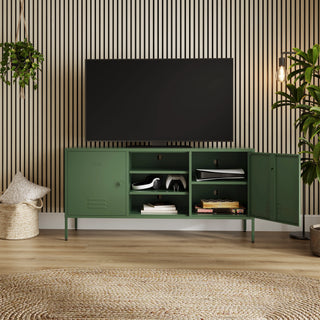 The Henley metal TV stand and media unit in forest with two cupboards and open central shelving.