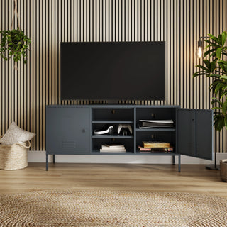 Henley TV stand with two cupboards and open shelving, styled beneath a TV in a living room