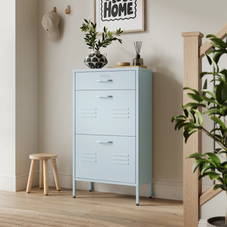 The Shoreditch shoe cabinet in sky blue with a top drawer, two lower shoe compartments and matching handles, styled in a hallway.