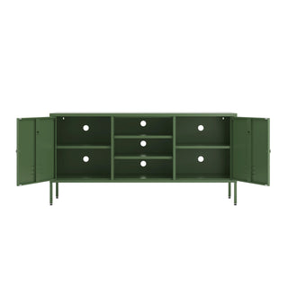 The Henley metal TV stand and media unit in forest with two cupboards and open central shelving.