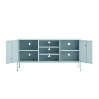 The Henley metal TV stand and media unit in sky blue with two cupboards and open central shelving.
