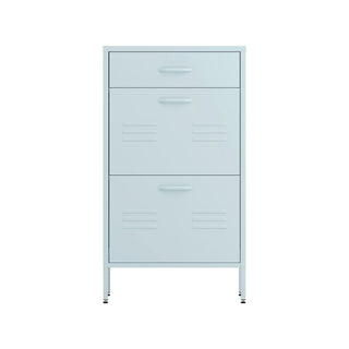 The Shoreditch shoe cabinet in sky blue with a top drawer, two lower shoe compartments and matching handles, styled in a hallway.