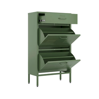 The Shoreditch shoe cabinet in forest with a top drawer, two lower shoe compartments and matching handles, styled in a hallway.