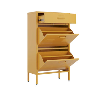 The Shoreditch shoe cabinet in mustard with a top drawer, two lower shoe compartments and matching handles, styled in a hallway.