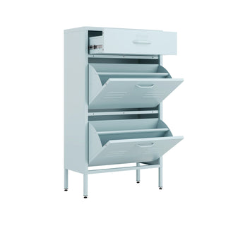 The Shoreditch shoe cabinet in sky blue with a top drawer, two lower shoe compartments and matching handles, styled in a hallway.