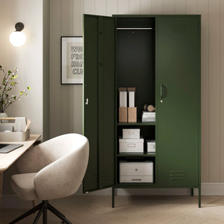The Chelsea tall double-door metal storage locker in forest green with one door open